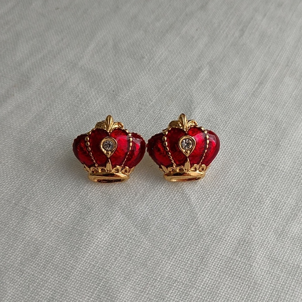 Vintage Avon Crown Post Earrings Royal Red Enamel Rhinestone Goldtone Diva Style - Picture 5 of 8